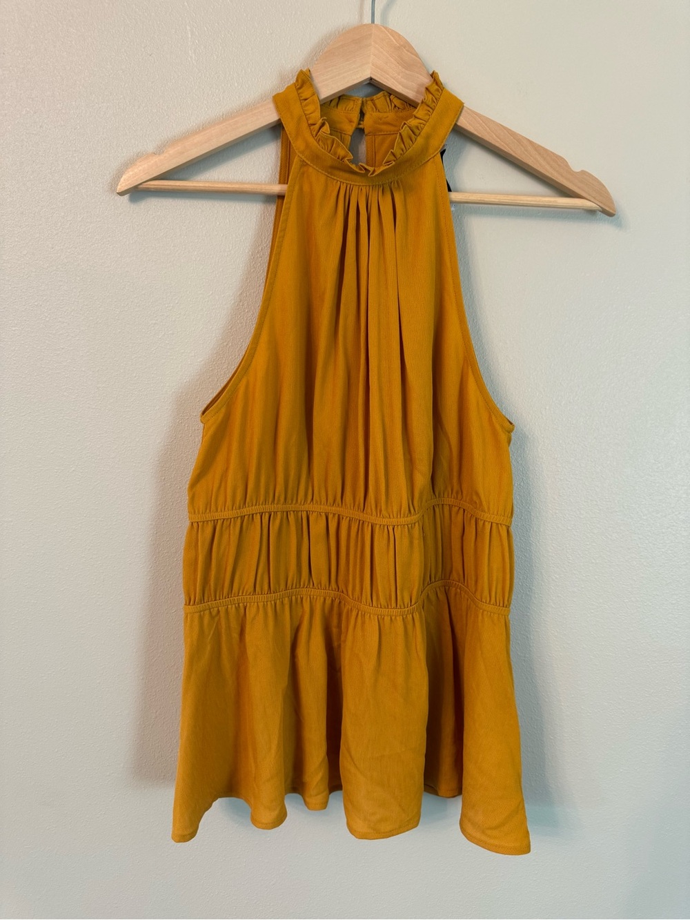 RO & DE Mustard Halter Tiered Blouse NWT Ruffle Neck Top